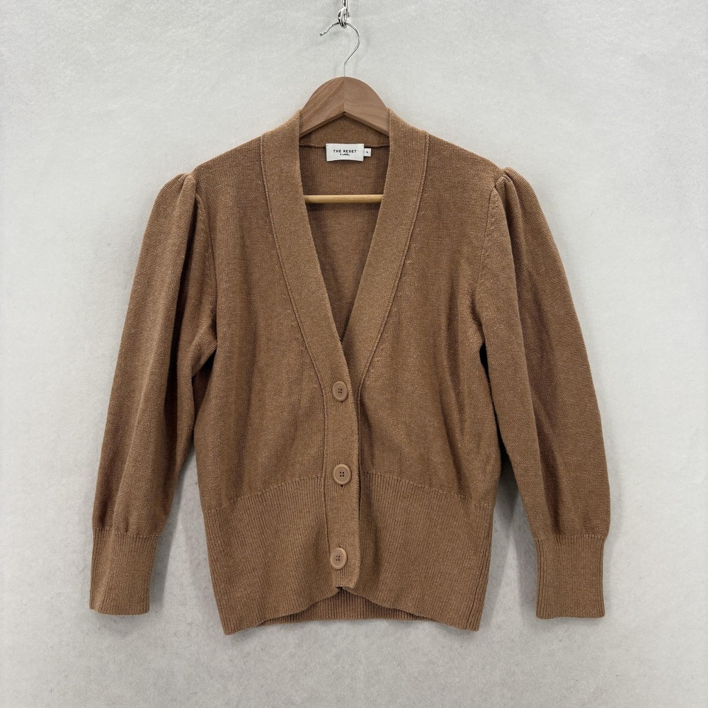 The Reset R Label Cardigan Sweater Womens S Brown Silk Blend V Neck Puff Sleeve